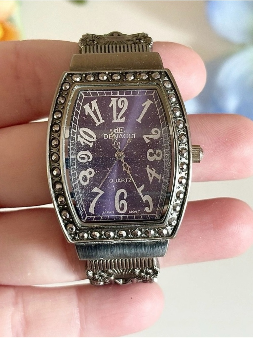Vintage Denacci Ornate Marcasite Stone Barrel Cuff Watch WORKS!! Filigree Bangle